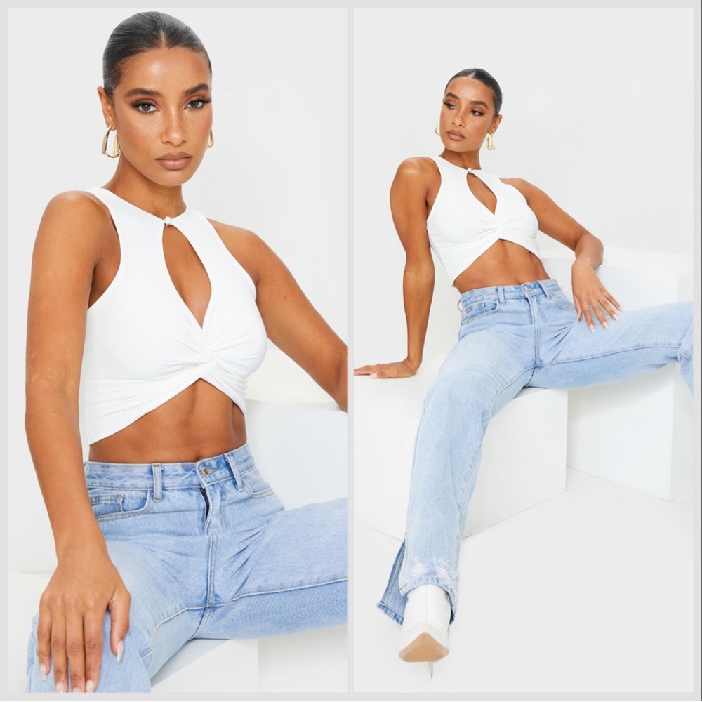 Pretty Little Thing White Slinky Cross Front Key Hole Crop Top Small